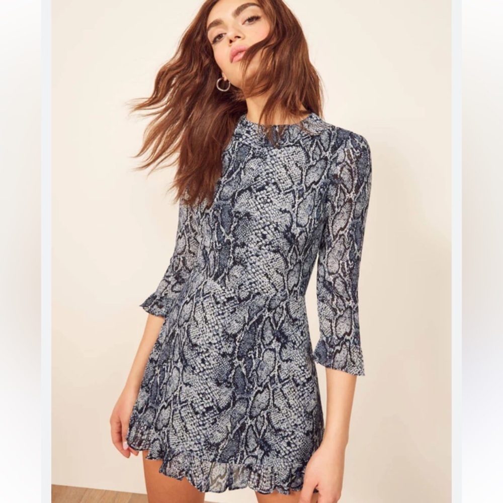 Reformation Stevie Blue Snakeprint Fit & Flare Long Sleeve